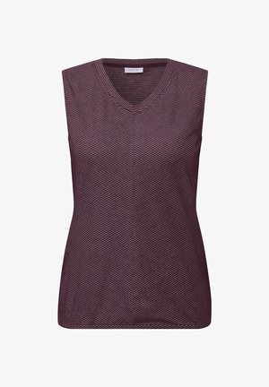 Top sans manches dans un bordeaux foncé avec un décolleté en V. Présente un motif texturé en rayures avec des lignes horizontales sur le tissu.