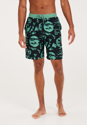 Shorts de bain noirs avec des motifs abstraits verts, dotés d'une taille élastique à cordon de serrage et de poches latérales, fabriqués en tissu léger.