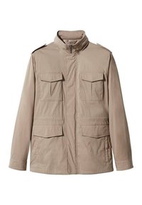 Veste beige en tissu léger, dotée d'une fermeture éclair à l'avant, d'un col montant et de quatre poches avant. Dispose d'épaulettes et de manches avec poignets.