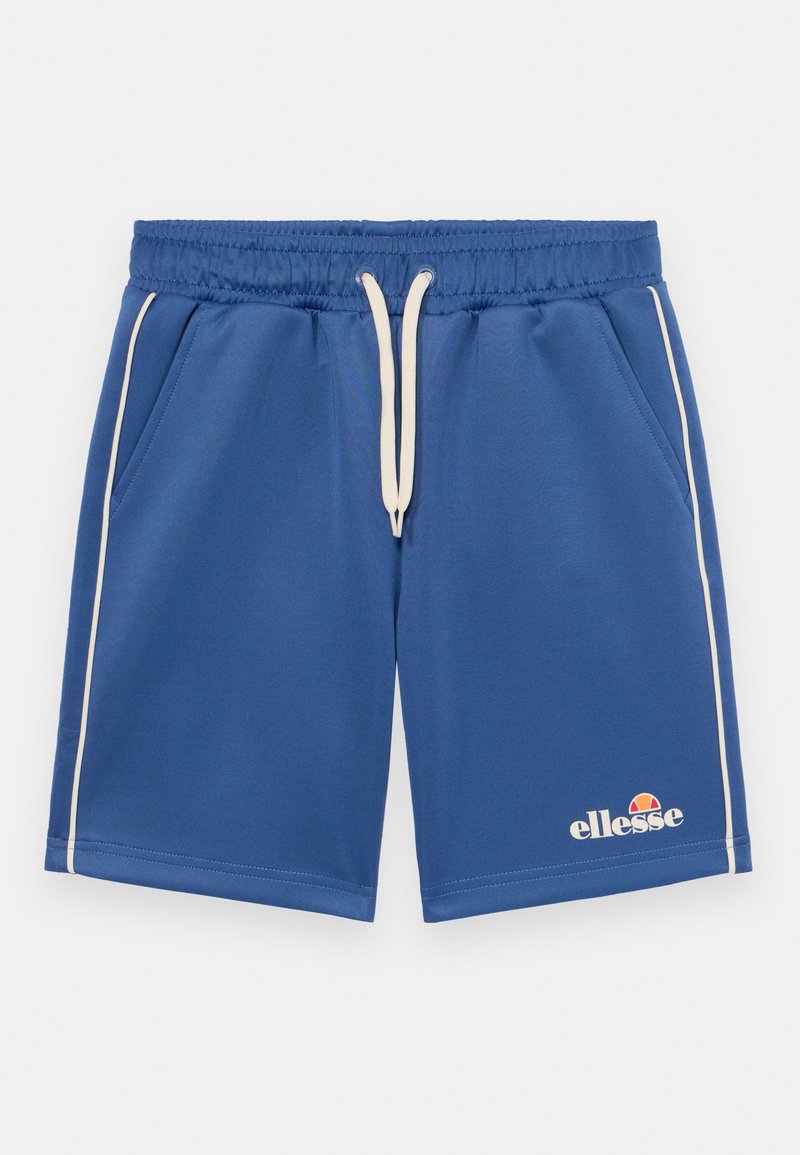Blå trening-shorts laget av glatt stoff. Har elastisk midjebånd med snor, sidelommer og hvite detaljer. Logo på benet.