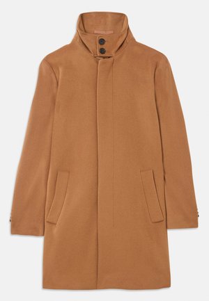 Bruin wollen blend jas met een hoge kraag, twee voorzakken en knoopsluiting. Kenmerkt zich door een gladde textuur en een gestroomlijnde silhoët.