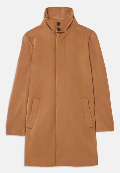 Brown wool blend coat with a high collar, two front pockets, and button closure. Features smooth texture and a streamlined silhouette.