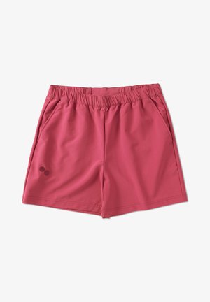 Rosa Sportshorts aus glattem Stoff mit einem elastischen Bund, seitlichen Taschen und einem Logo-Detail auf der unteren linken Seite.
