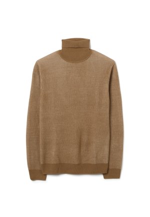 Light brown ribbed knit turtleneck sweater with long sleeves and fitted cuffs, displayed flat on white background.