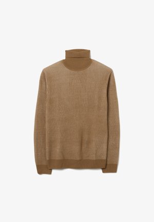 Light brown ribbed knit turtleneck sweater with long sleeves and fitted cuffs, displayed flat on white background.