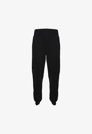 Pantaloni sportivi neri con cintura elastica, dettaglio con cordini e caviglie affusolate. Realizzati in morbido tessuto, presentano una superficie liscia e uniforme.