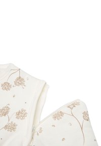 Vêtement de couleur crème avec imprimé floral marron clair, doté d'un tissu doux, d'un design sans manches et d'un détail de couture contrasté.