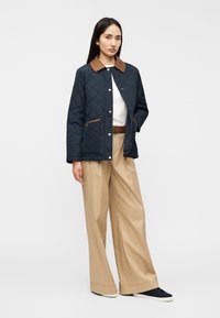 Μπλε μπουφάν με καπιτονέ μοτίβο, καφέ γιακά και διακοσμητικά στις τσέπες, συνδυασμένο με φαρδιά ανοιχτό μπεζ παντελόνια και μπλε σνίκερς. Λεία υφή, casual σχεδιασμός.