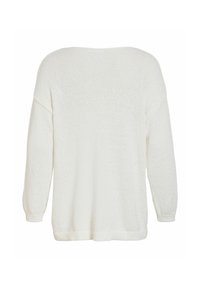 Pull blanc à manches longues en maille avec une coupe ample et des poignets et un ourlet côtelés, visible de dos sur fond blanc.