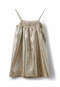 Glänsande guldärmlös klänning med ett strukturerat mönster, rynkad vid midjan och en avslappnad silhuett, med tunna justerbara axelband.