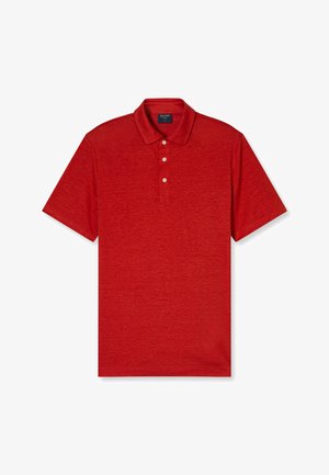 Polo rosso realizzato in tessuto testurizzato, con colletto classico, chiusura con tre bottoni e maniche corte. Colore uniforme su tutta la superficie.