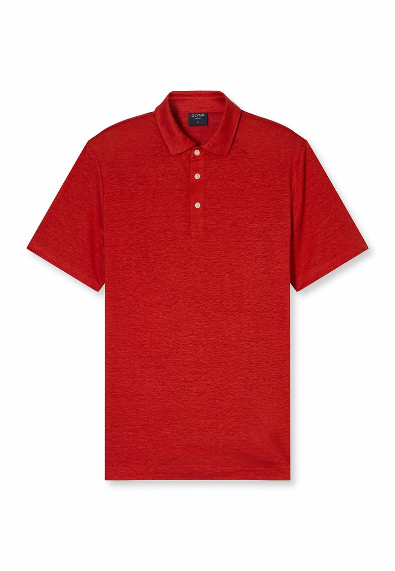 Rode polo t-shirt gemaakt van textuurstof, met een klassieke kraag, een drie-knopen sluiting en korte mouwen. Eenvormige kleur overal.