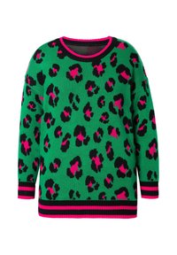 Grüner Strickpullover mit schwarzem und pinkem Leopardenmuster. Gerippte Bündchen und Saum mit schwarzen und pinken Streifen am Ausschnitt.