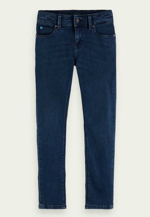 Donkerblauwe spijkerbroek met een klassieke rechte pijp, voorzien van een knoopsluiting aan de voorkant, vijf zakken en subtiele stikdetails.