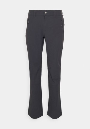 Schwarze Outdoor-Hosen aus wasserabweisendem Material, mit einer Reißverschlusstasche, Gürtelschlaufen und einer leicht ausgestellten Silhouette.