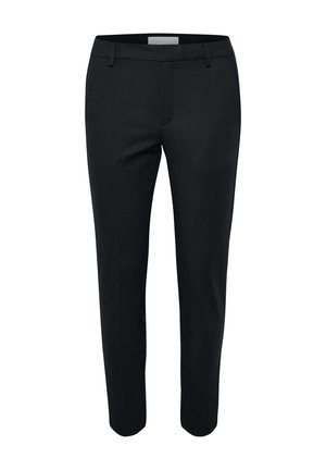 Pantaloni neri realizzati in un tessuto morbido, con un design aderente, gambe dritte e passanti per la cintura. Nessun motivo o decorazione visibile.