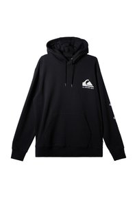 Felpa nera con tasca a marsupio frontale, cappuccio con lacci e logo bianco sul petto e sulle maniche. Realizzata in un materiale morbido e texture.
