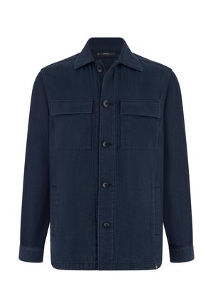 Veste pour homme de couleur bleu marine foncé à boutons, avec poches à rabat sur la poitrine, poches latérales, manches longues et col pointu.