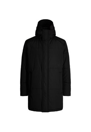 Schwarze gepolsterte Jacke mit hohem Kragen und Kapuze. Verfügt über einen Frontreißverschluss, zwei seitliche Taschen und ein horizontales Steppdesign zur Isolierung.