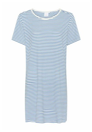 Striped T-shirt in white and blue, short sleeves, round neckline, made of soft cotton fabric, features side slits for ease of movement.