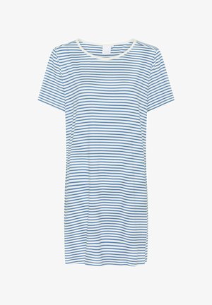 Stribet T-shirt i hvid og blå, korte ærmer, rund halsudskæring, lavet af blødt bomuldsstof, med sideslids for nem bevægelse.