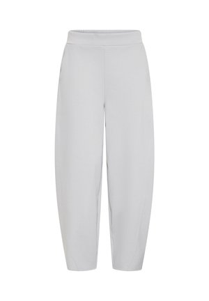 Pantalon de jogging gris clair en tissu doux, doté d'une large ceinture élastique, de jambes effilées et de poches sur les coutures latérales.