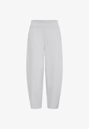 Light gray jogger pants made of soft fabric, featuring a wide elastic waistband, tapered legs, and side seam pockets.