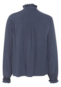 Blusa blu navy con dettagli arricciati al collo e ai polsini, maniche lunghe e una piega sul retro per un fit rilassato. Tessuto morbido.