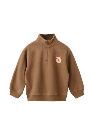 Pull en polaire marron avec col montant et fermeture éclair. Présente un graphique de visage de renne sur la poitrine. Manches longues et ourlet côtelé.