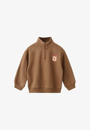 Bruine fleece pullover met een hoge kraag en ritssluiting. Heeft een rendiergezicht afdruk op de borst. Lange mouwen en ribgebreide zoom.
