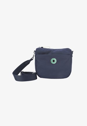 Borsa a tracolla navy realizzata in tessuto testurizzato con tasca frontale, accento verde circolare, tracolla regolabile e chiusura con zip.