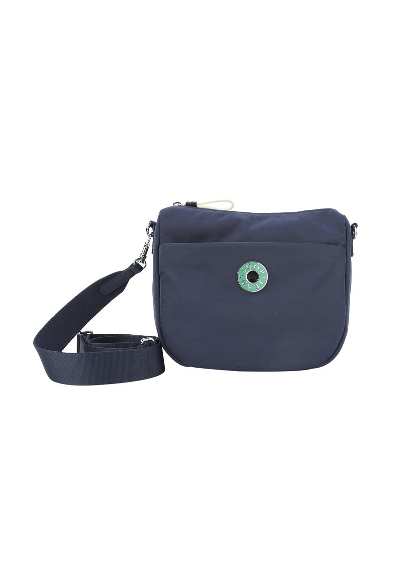 Morska crossbody torba iz teksturirane tkanine s prednjim žepom, okruglim zelenim naglasom, prilagodljivim remenom in zadrgo.