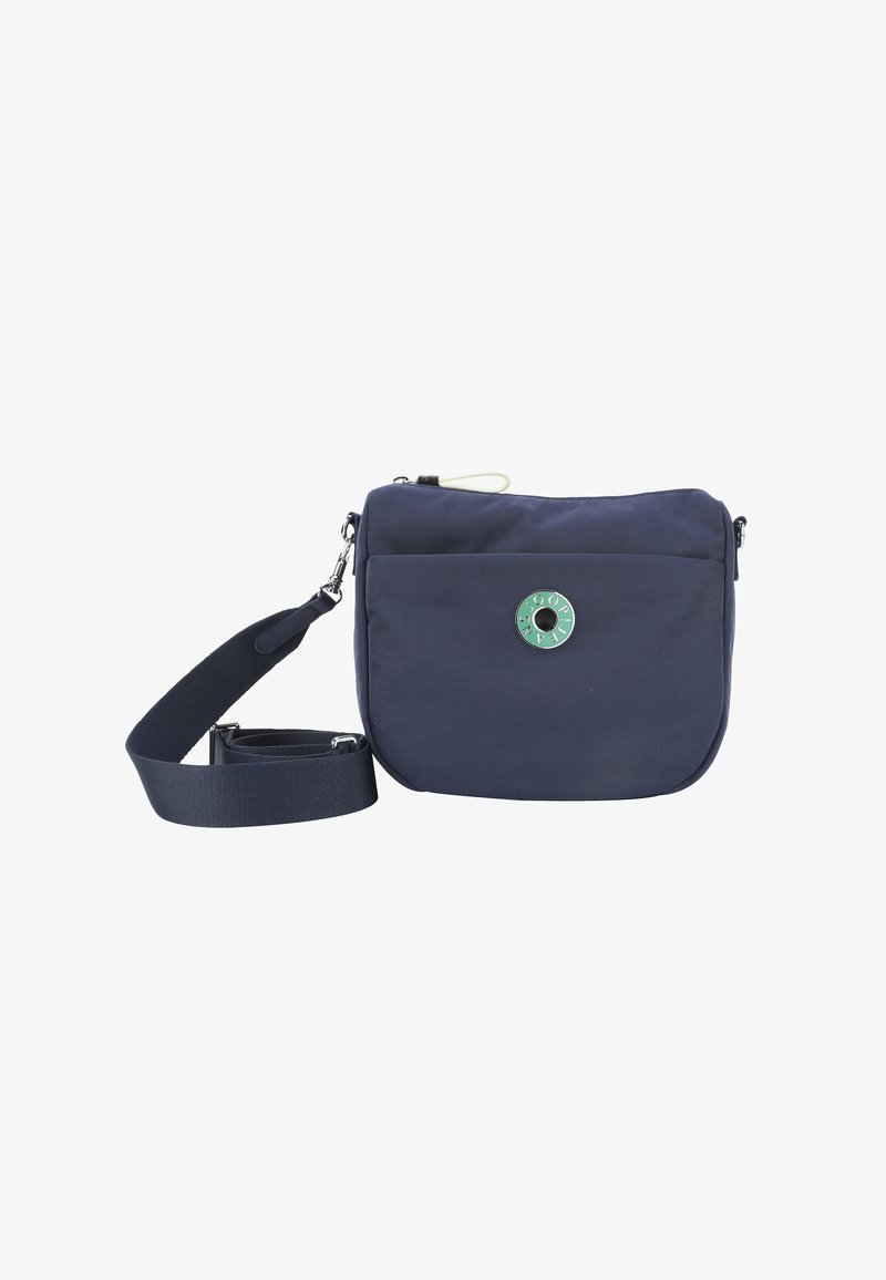 Morska crossbody torba iz teksturirane tkanine s prednjim žepom, okruglim zelenim naglasom, prilagodljivim remenom in zadrgo.