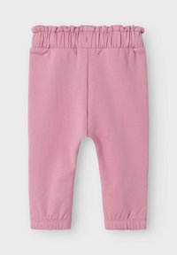 Leggings de mezcla de algodón en color rosa con una cinturilla elástica y puños fruncidos, que presentan una textura suave y un diseño ajustado.
