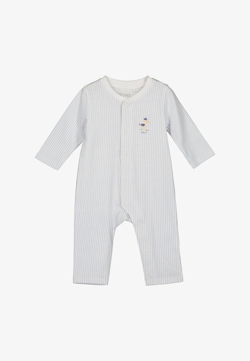 Bawełniany body w paski w jasnoniebieskim i białym kolorze, z długimi rękawami i zapięciem na guziki z przodu, z małą grafiką ptaszka i detalem z napisem.
