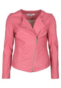 Rosa læderjakke med lynlås, skrå krave og tætsiddende design. Har sidelommer og en glat tekstur.