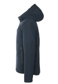 Giacca con cappuccio blu navy con cerniera frontale e tasca laterale con zip, vista dal lato destro su sfondo bianco.