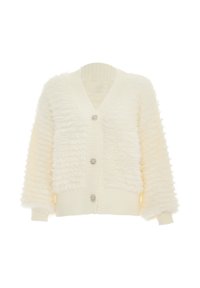 Cardigan color crema con un esterno testurizzato e peloso, polsini e orlo a costine, e tre bottoni decorativi sul davanti.