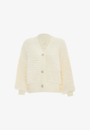 Cardigan de culoare crem, cu un exterior texturat și pufoș, manșete și tiv cu rib și trei butoane decorative la închidere în față.