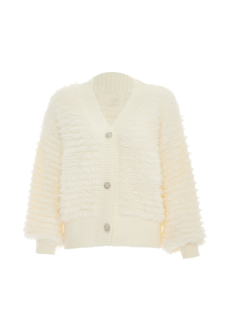 Cardigan color crema con un esterno testurizzato e peloso, polsini e orlo a costine, e tre bottoni decorativi sul davanti.