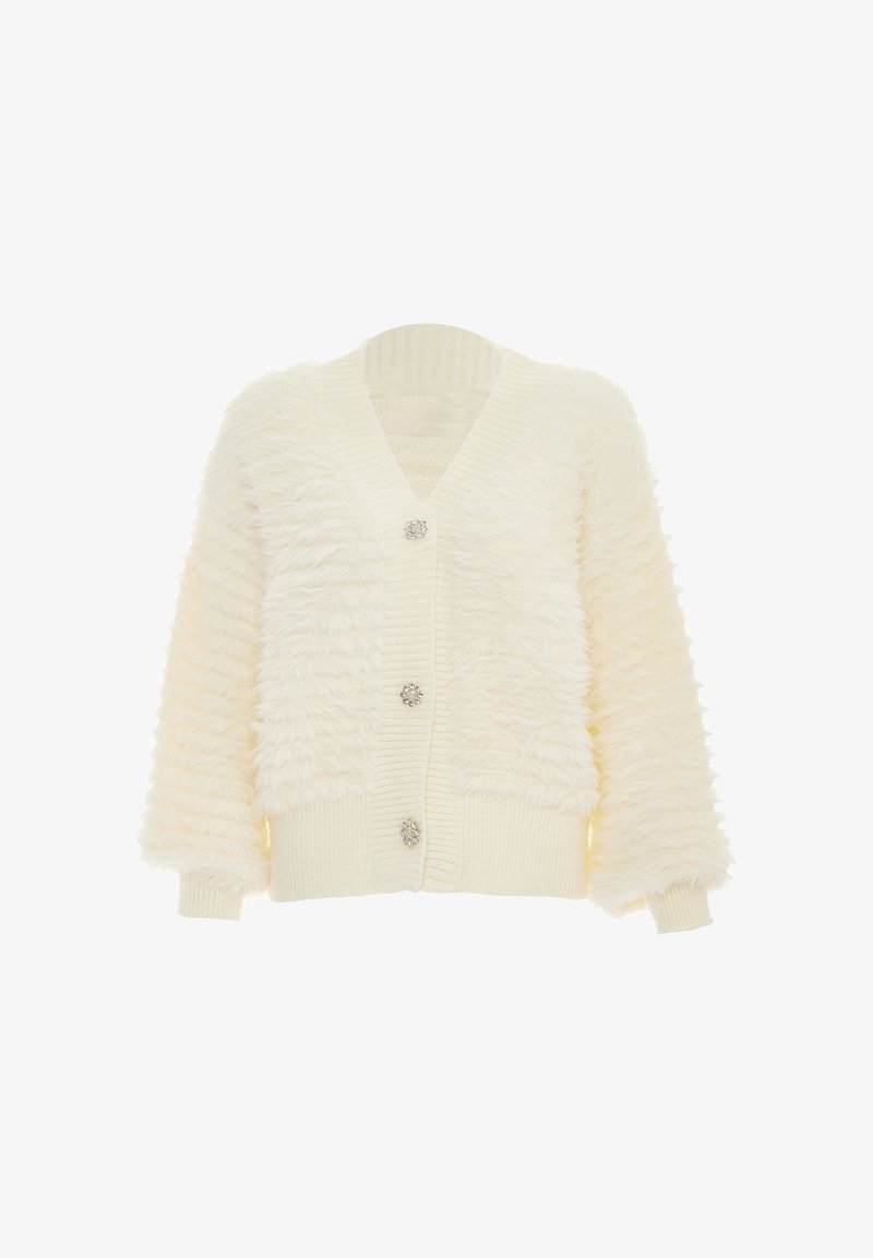 Krémszínű kardigán, amelynek texturált, bolyhos külseje van, bordázott mandzsettákkal és szegéllyel, valamint három díszes gombzárral az elején.