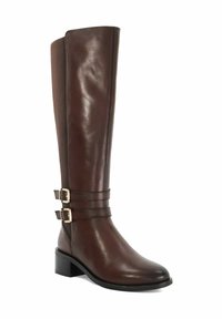 Brown leather knee-high boots with two decorative buckles and a low block heel. Smooth texture and fitted shape for a sleek appearance.