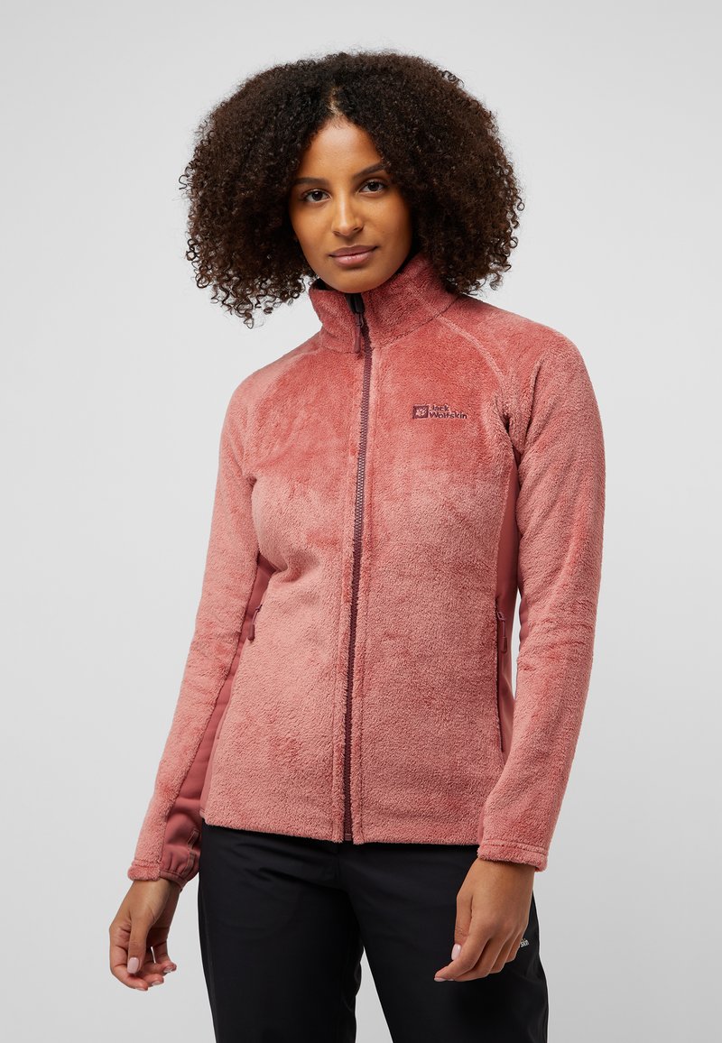 Fleecejacke in zartem Rosa mit hohem Kragen und durchgehendem Reißverschluss. Verfügt über strukturierte Materialien, lange Ärmel und Seitentaschen. Logo auf der Brust.