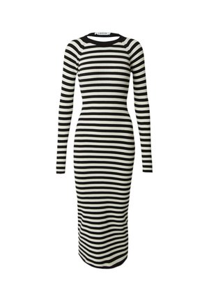 Schwarz-weißer gestreifter langärmeliger Rippkleid mit Rundhalsausschnitt, figurbetonter Silhouette und knielanger Länge.