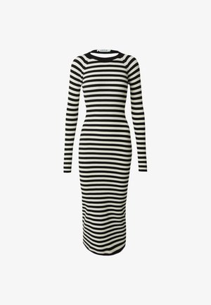 Schwarz-weißer gestreifter langärmeliger Rippkleid mit Rundhalsausschnitt, figurbetonter Silhouette und knielanger Länge.