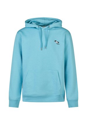 Light blue hoodie made of soft fabric with a kangaroo pocket, drawstring hood, and a small embroidered bird logo on the left chest.