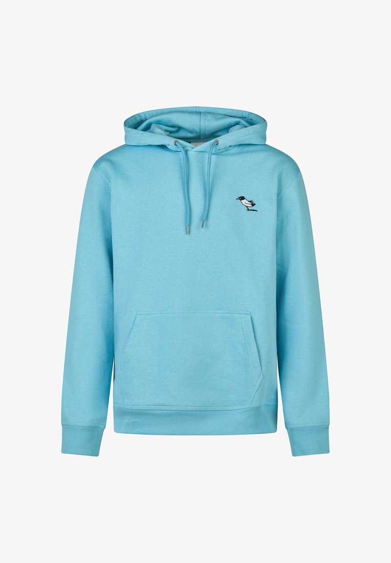 Helles blauer Hoodie aus weichem Stoff mit Kängurutasche, Kordelzugkapuze und kleinem gestickten Vogel-Logo auf der linken Brust.