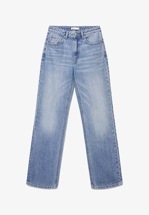 Jeans in denim azzurro chiaro con design a gamba dritta, finitura sbiadita, stile a cinque tasche e dettagli di cuciture arancioni.