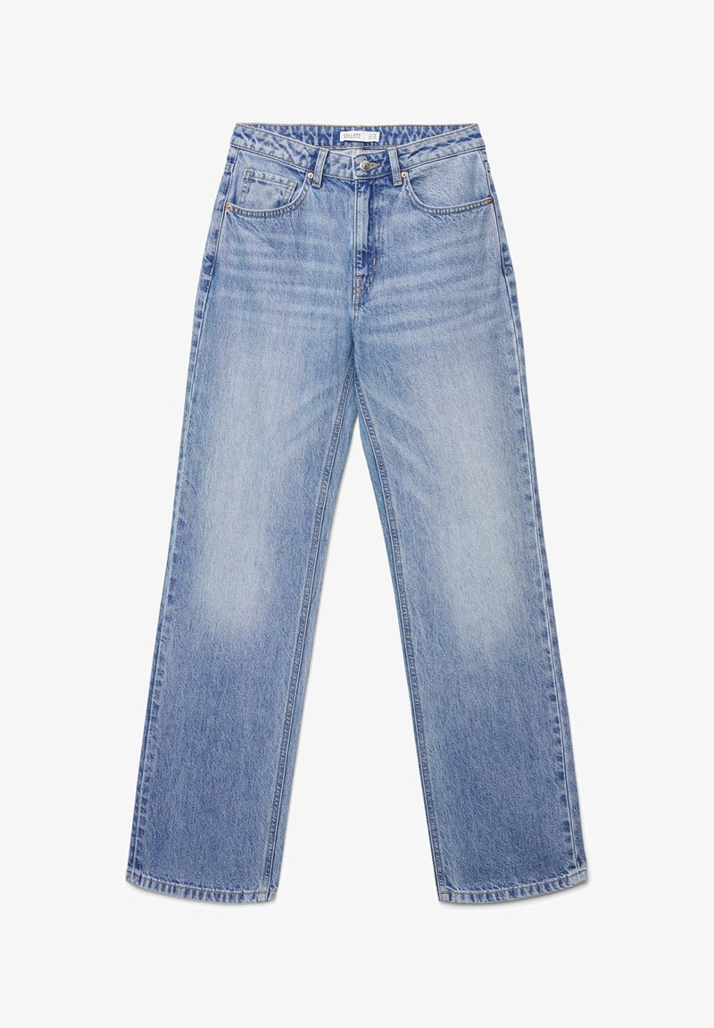 Jeans in denim azzurro chiaro con design a gamba dritta, finitura sbiadita, stile a cinque tasche e dettagli di cuciture arancioni.