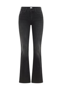 Jeans acampanados negros de mezclilla, con una cintura alta, diseño de cinco bolsillos y un desgaste medio a lo largo de las piernas.